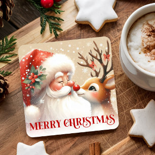 Watercolor Holiday Drink Coasters Santa Rudolph