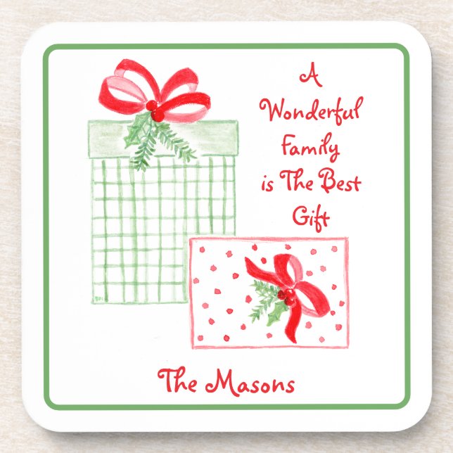 Watercolor Holiday Family is Best Gift PERSONALIZE Coaster (Front)
