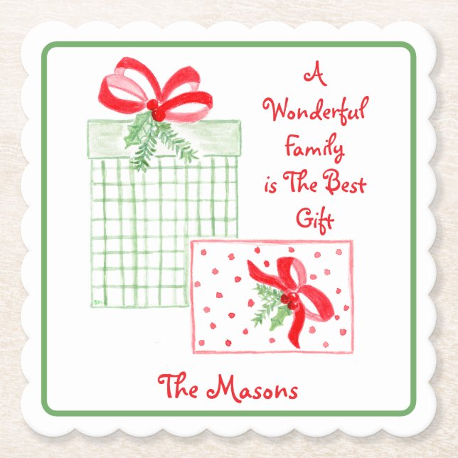 Watercolor Holiday Family is Best Gift PERSONALIZE Paper Coaster (Front)
