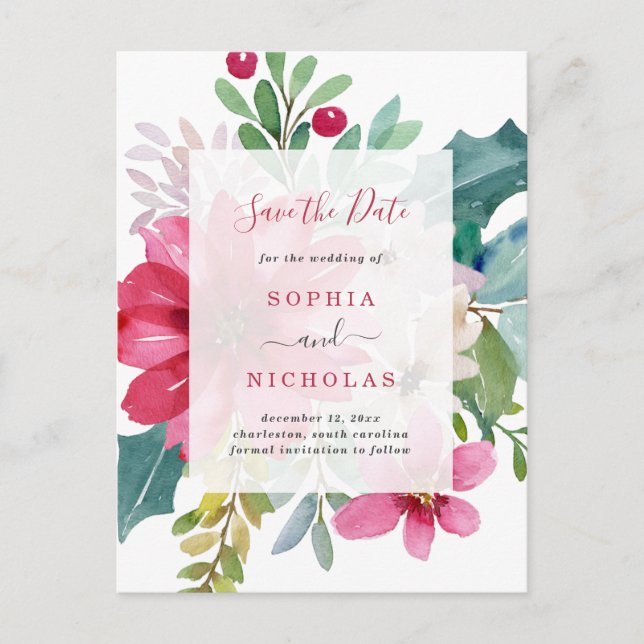 Watercolor Holiday Floral | Wedding Save the Date Postcard (Front)