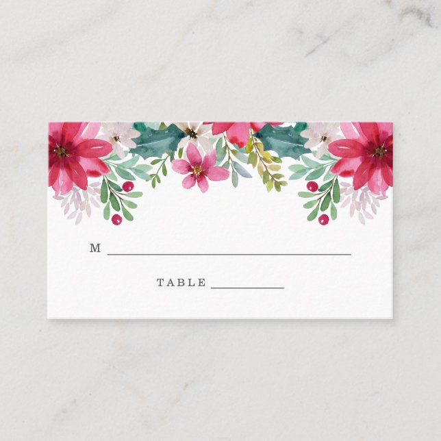 Watercolor Holiday Flowers | Wedding Place Card (Front)