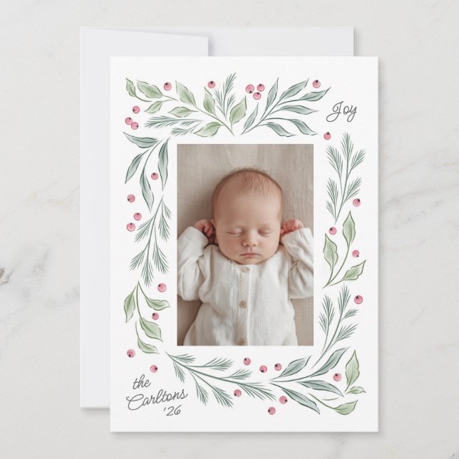watercolor holiday foliage baby greeting card (Front)
