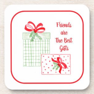 Watercolor Holiday Friends are Best Gift cork back Coaster