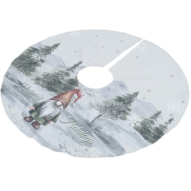 Watercolor Holiday Gnome Brushed Polyester Tree Skirt (Angled)