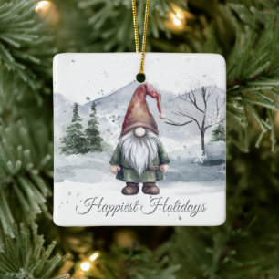 Watercolor Holiday Gnome Ceramic Ornament
