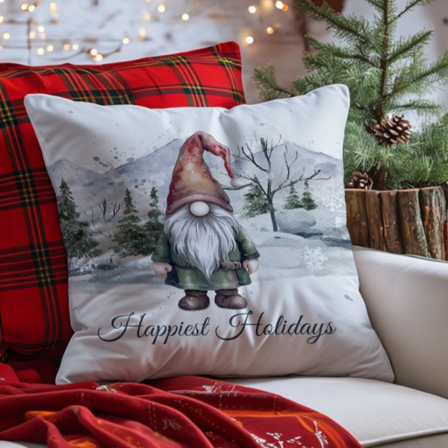 Watercolor Holiday Gnome Cushion (Watercolor Holiday Gnome Throw Pillow)