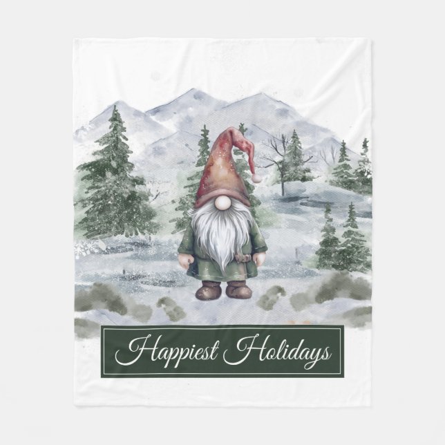 Watercolor Holiday Gnome Fleece Blanket (Front)