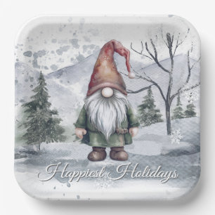 Watercolor Holiday Gnome Paper Plate