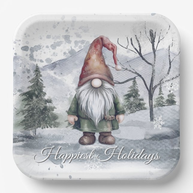 Watercolor Holiday Gnome Paper Plate (Front)