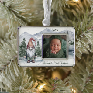Watercolor Holiday Gnome Photo Babys First Silver Plated Framed Ornament