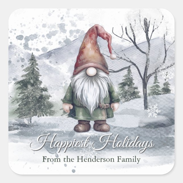 Watercolor Holiday Gnome Square Sticker (Front)