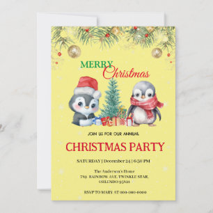 Watercolor Holiday Penguin Santa Christmas Party Invitation