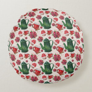 watercolor Holiday Tea Party Round Cushion