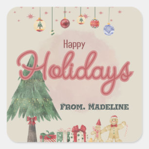 Watercolor holiday tree retro style Favour Box Square Sticker