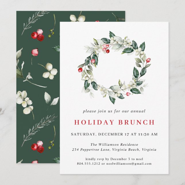 Watercolor Holiday Wreath Christmas Holiday Brunch Invitation (Front/Back)