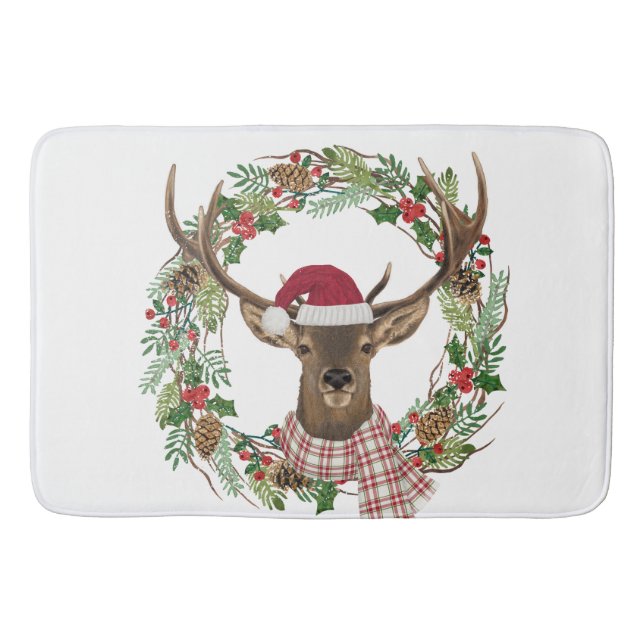 Watercolor holiday wreath with deer head bath mat (Front)