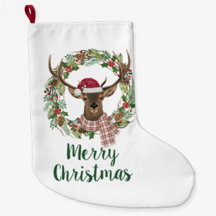 Watercolor holiday wreath with deer head large christmas stocking