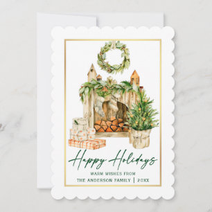 Watercolor Holidays Calligraphy Ink Gold Frame Holiday Card
