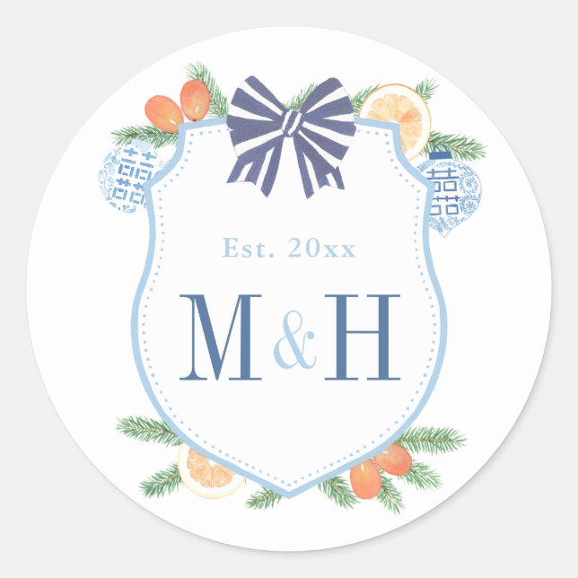 Watercolor Holidays Citrus Couples Monogram Favour Classic Round Sticker (Front)
