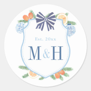 Watercolor Holidays Citrus Couples Monogram Favour Classic Round Sticker