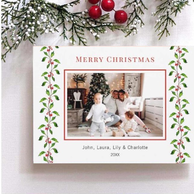 Watercolor hollies and greenery Christmas photo  Announcement (Creator Uploaded)