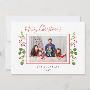 Watercolor hollies and greenery Christmas photo Announcement