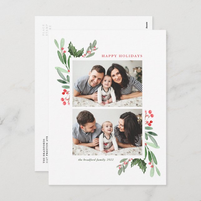 Watercolor Hollies and Greenery Two Photo Collage Holiday Postcard (Front/Back)