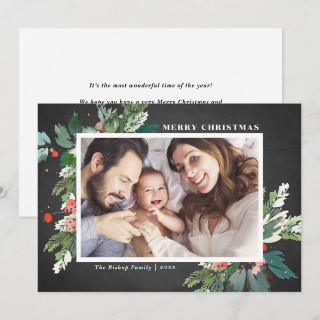 Watercolor Hollies Chalkboard Christmas Photo  (Front/Back)