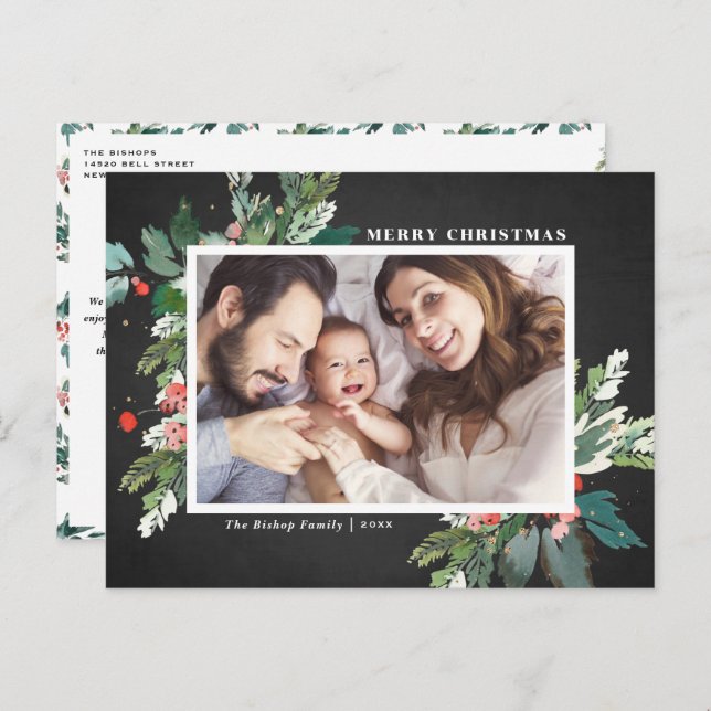 Watercolor Hollies Chalkboard Christmas Photo Holiday Postcard (Front/Back)
