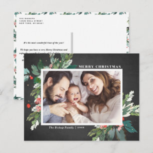 Watercolor Hollies Chalkboard Christmas Photo Holiday Postcard