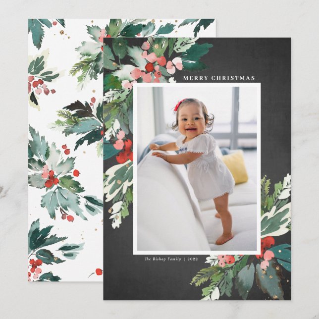 Watercolor Hollies Chalkboard Merry Christmas (Front/Back)