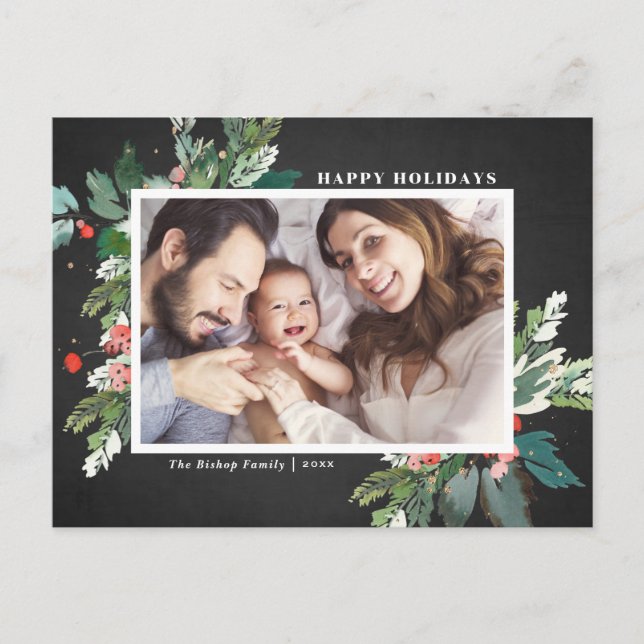Watercolor Hollies Faux Chalkboard Botanical Photo Holiday Postcard (Front)