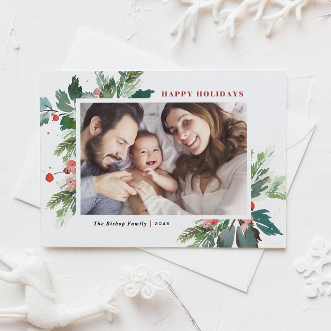 Watercolor Hollies Faux Gold Foil Botanical Photo Holiday Postcard (Creator Uploaded)