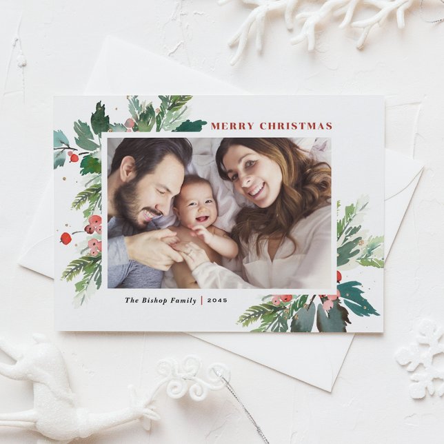 Watercolor Hollies Faux Gold Foil Christmas Photo Holiday Postcard (Creator Uploaded)