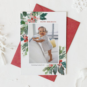 Watercolor Hollies Faux Gold Happy Holidays Photo