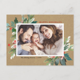 Watercolor Hollies Faux Kraft Paper Festive Photo Holiday Postcard