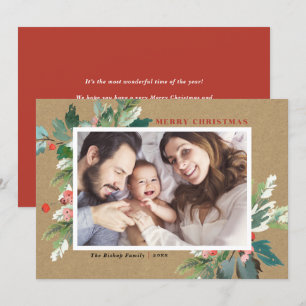 Watercolor Hollies Kraft Paper Christmas Photo