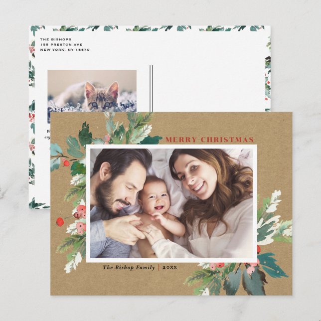 Watercolor Hollies Kraft Paper Christmas Photo Holiday Postcard (Front/Back)