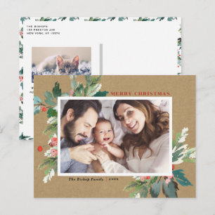 Watercolor Hollies Kraft Paper Christmas Photo Holiday Postcard