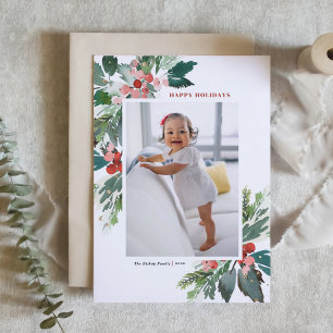 Watercolor Hollies with Faux Gold Foil Photo Holiday Card