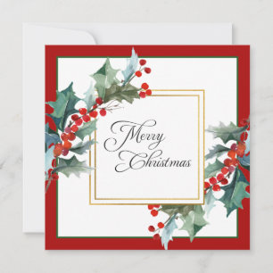 Watercolor Holly and Berries Botanical Christmas Holiday Card