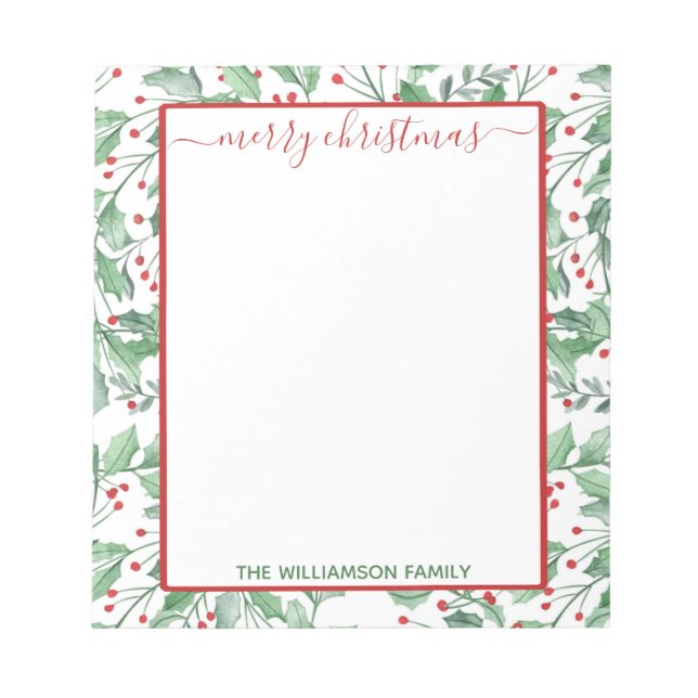 Watercolor Holly and Berries Christmas Notepad (Front)