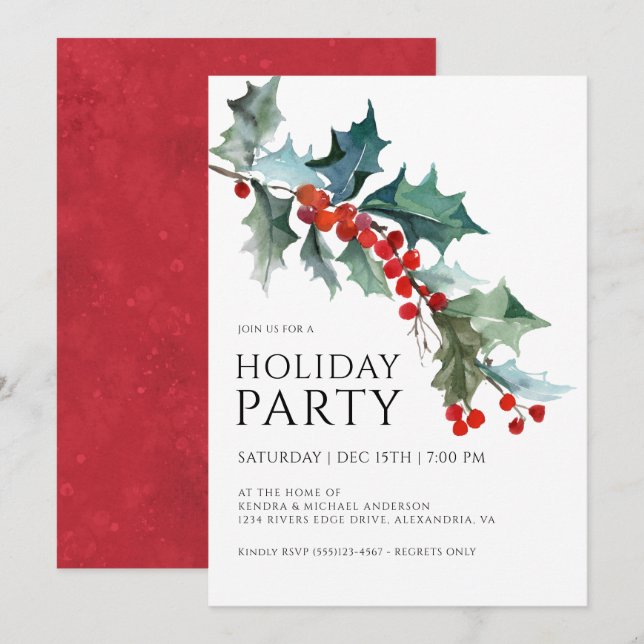 Watercolor Holly and Berries Festive Holiday Party Invitation (Front/Back)