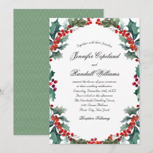Watercolor Holly and Berries Holiday Wedding Invitation