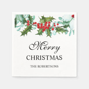 Watercolor Holly and Berries Merry Christmas Napkin