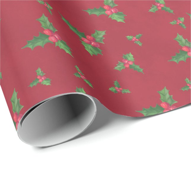 Watercolor Holly and Berries on Red Christmas Wrapping Paper (Roll Corner)