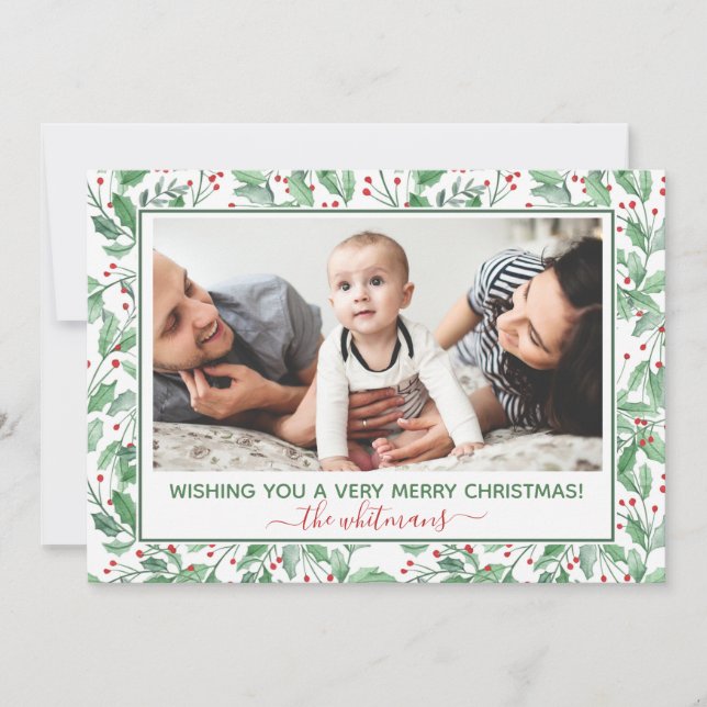 Watercolor Holly and Berries Photo Holiday Card (Front)
