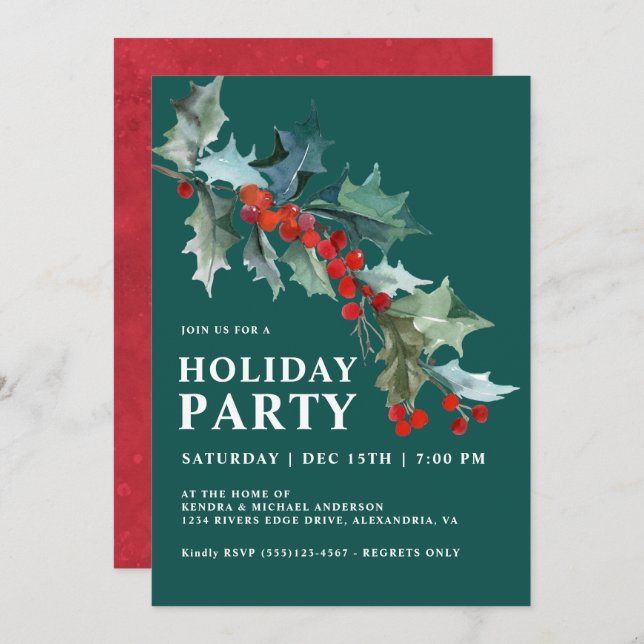 Watercolor Holly and Berries Teal Holiday Party Invitation (Front/Back)