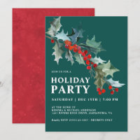 Watercolor Holly and Berries Teal Holiday Party