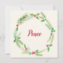 Watercolor Holly and Evergreen Wreath Holiday Card